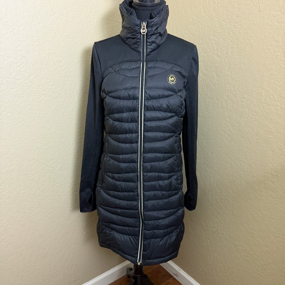 MICHAEL Michael Kors Mixed Media Down Puffer Coat Black Zip Stand Collar M
